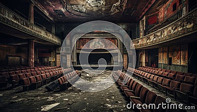 Abandoned old theater, spooky stage, empty seats generated by AI Stock Photo