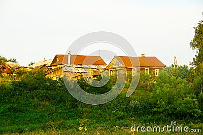 Abandoned old wooden houses in the forest Stock Photo