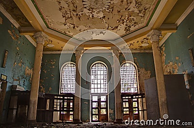 Abandoned overgrown interior of railway station in Gudauta, Abkhazia Stock Photo