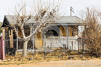 Abandoned Overgrown Home With Boarded Up Windows & Door Stock Photo