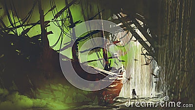 Abandoned pirate ship in waterfall cave Cartoon Illustration