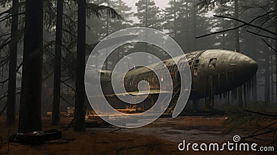 Abandoned Plane In The Woods: A Captivating Blend Of Spatial Concept Art And Cabincore Stock Photo