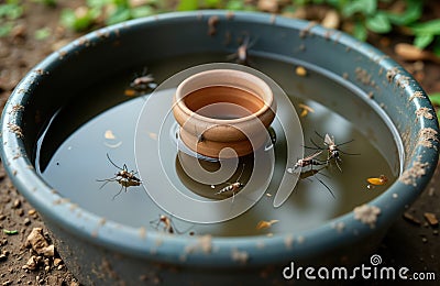 Abandoned plastic bowl filled with stagnant water holds small clay pot. Mosquitoes breed in stagnant water. Close-up photo Stock Photo