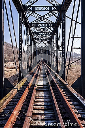 Abandoned Pratt Through Truss Railroad Bridge - Track View Stock Photo