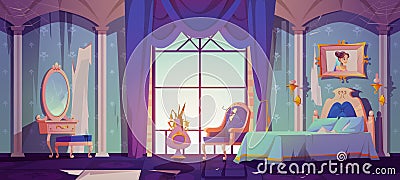 Abandoned princess bedroom interior, broken room Vector Illustration