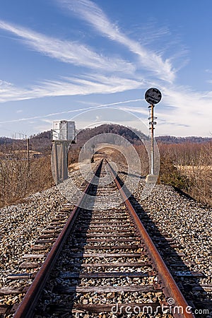 Abandoned Railroad Signal - Track View Stock Photo