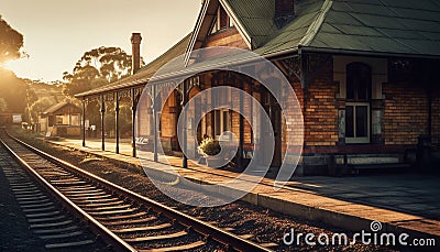 Abandoned railroad station, old fashioned architecture vanishing generated by AI Stock Photo