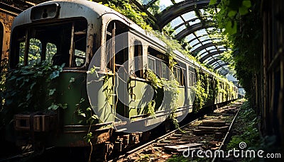 Abandoned railroad station platform, rusty locomotive, old fashioned mode of transport generated by AI Stock Photo