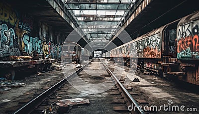 Abandoned railroad station platform, rusty locomotive spooky generated by AI Stock Photo