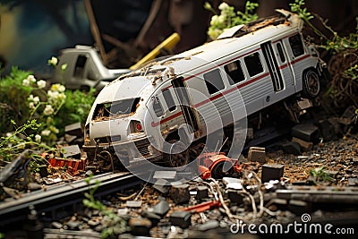 Abandoned railroad tracks with toy cars. Selective focus, Train crashes in car, AI Generated Stock Photo