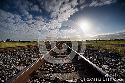 Abandoned railway track lighted by moonlight Stock Photo