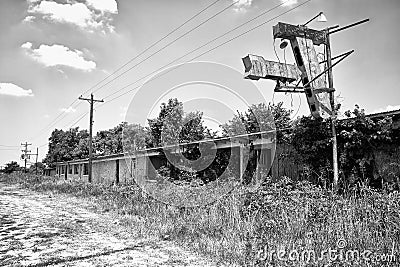 Abandoned Roadside Motel and Sign Stock Photo