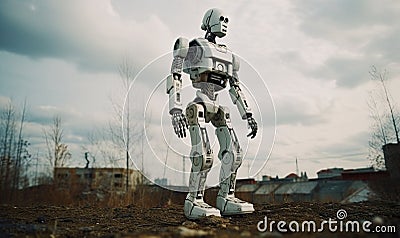 The abandoned robot decides to stay on Earth alone Creating using generative AI tools Stock Photo