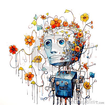 Abandoned robot with flowers Stock Photo