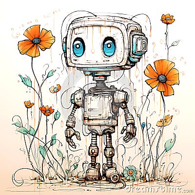 Abandoned robot with flowers Stock Photo