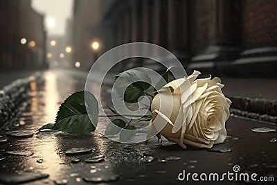 Abandoned rose is lying on the ground. Quarrel, divorce, broken heart, separation, tragedy. Stock Photo