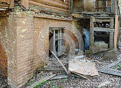 Abandoned ruin house, wooden architecture, debris, housing wreck Stock Photo