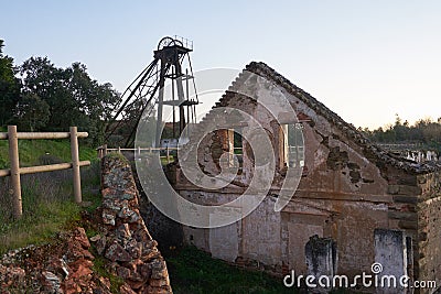 Abandoned ruin mine buildings red landscape in Mina de Sao Domingos, Portugal Stock Photo