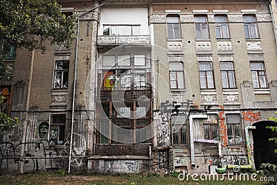 Abandoned ruined buildings with graffiti Stock Photo