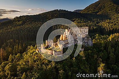 Abandoned ruins of a medieval castle in the forest Stock Photo