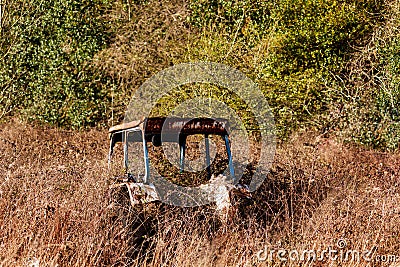 Abandoned rusting tractor in hedge row Stock Photo