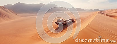 An abandoned and rusty fishing vessel lies wrecked on a dune in the desert without water. Stock Photo