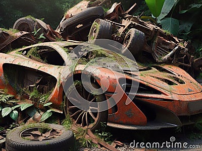 Abandoned rusty petrol super car banned for co2 emission agenda, overgrowth plants bloom flowers Stock Photo