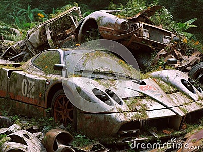 Abandoned rusty petrol super car banned for co2 emission agenda, overgrowth plants bloom flowers Stock Photo