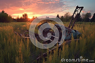 abandoned rusty plow in tall grass at sunset Stock Photo
