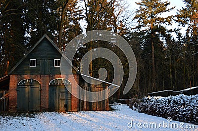 Abandoned shed barnyard twilight Stock Photo