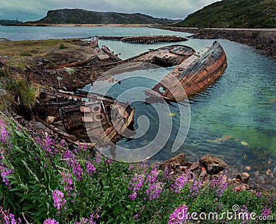 Abandoned ships near Teriberka. Russia Stock Photo