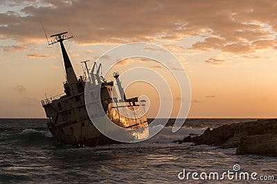 Abandoned shipwreck Edro at sunset near Paphos, Cyprus Editorial Stock Photo