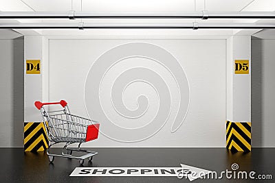 Abandoned Shopping Cart in Underground Parking Garage with Arrow Stock Photo