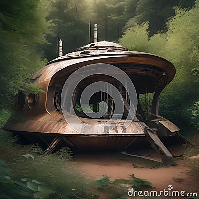An abandoned spaceship on a distant planet, with rusted metal and overgrown vegetation, hinting at a mysterious past5 Stock Photo