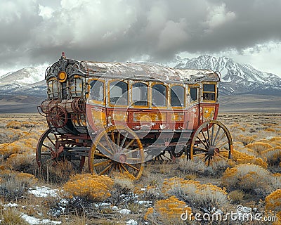 Abandoned Stagecoach on a Deserted Western Plain The coach blurs with the sagebrush Stock Photo