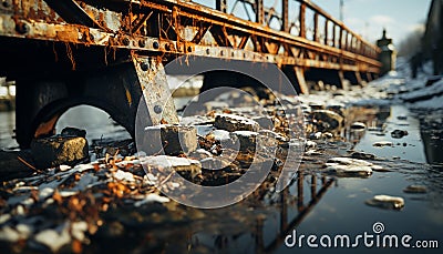 Abandoned steel bridge, rusty machinery, old fashioned transportation in nature generated by AI Stock Photo