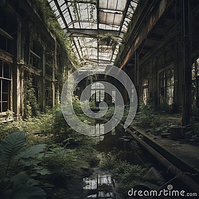 An abandoned train station that is overgrown with plants Stock Photo
