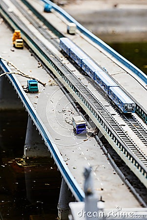 Abandoned transport bridge with cars and the subway train. Concept appokalipsis. Accident Stock Photo