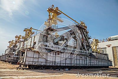 Abandoned transport and installation unit `Grasshopper` for spaceship Buran and Energy launch vehicle at cosmodrome Baikonur Stock Photo