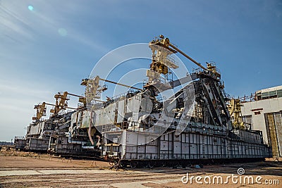 Abandoned transport and installation unit `Grasshopper` for spaceship Buran and Energy launch vehicle at cosmodrome Baikonur Stock Photo