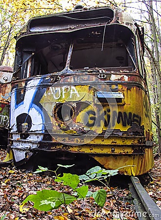 Abandoned trolley car on rails with small tree Editorial Stock Photo