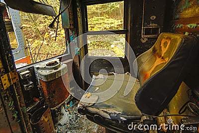 Abandoned trolley cars driver seat close up Stock Photo