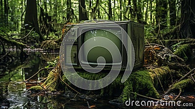 Abandoned Tv In Rustic Futuristic Swamp Stock Photo