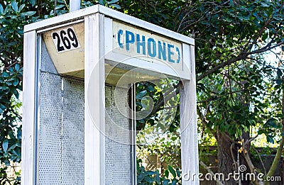 Abandoned vandalized phone booth among trees and weeds Stock Photo