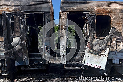 Abandoned wagons were burned at the Railway Station in Thessaloniki Editorial Stock Photo