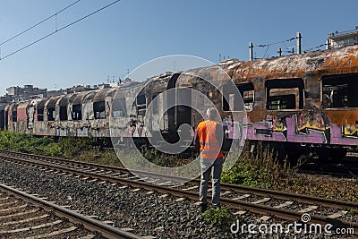 Abandoned wagons were burned at the Railway Station in Thessaloniki Editorial Stock Photo