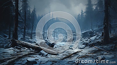 Abandoned Winter Forest: Chaotic Realism In 2d Game Art Stock Photo