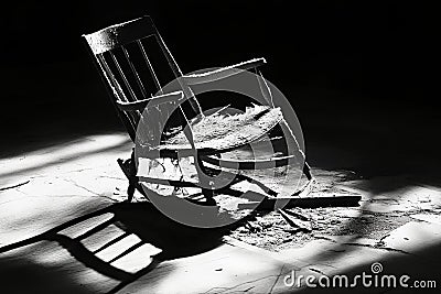 Abandoned Wooden Rocking Chair in Dramatic Black and White Lighting with Shadows Stock Photo