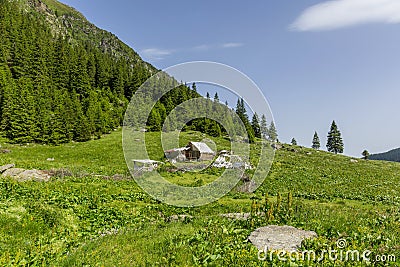 Abandoned wooden sheepfold in Carpathians near the mountain range Stock Photo