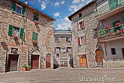 Abbadia San Salvatore, Siena, Tuscany, Italy: Piazza del mercato in the medieval village Stock Photo